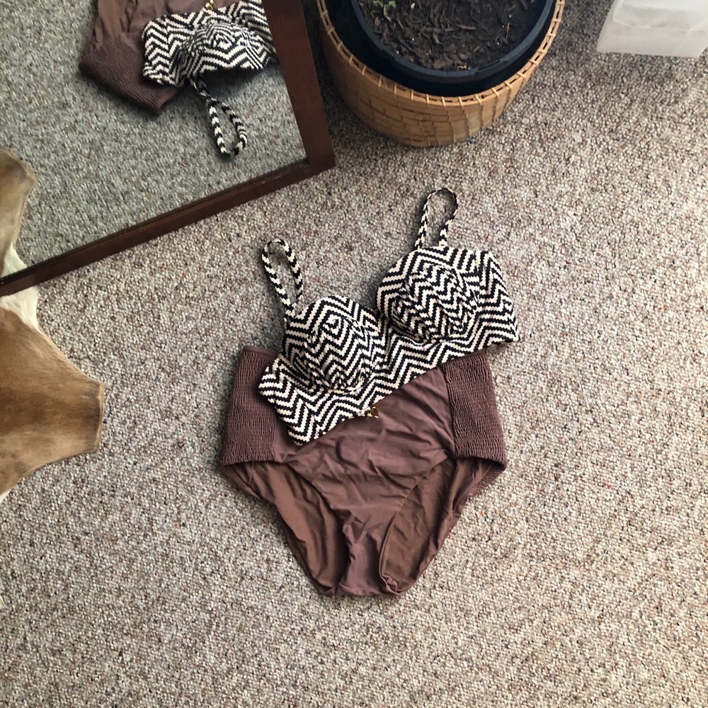 High waisted bikini- black, tan, and brown.